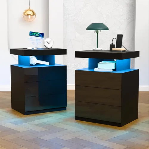 Miniatura 13 de HOMMPA - Mesita de noche LED con estación de carga inalámbrica y puertos USB, mesa de noche moderna, mesita de noche de 3 cajones con compartimento