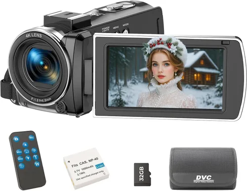 Videocámara, Cámara de Video Vlogging para Youtubers con Zoom Digital 18X 64MP Pantalla de 3” 270° de Rotación Cámara 4k para Grabación de Video con