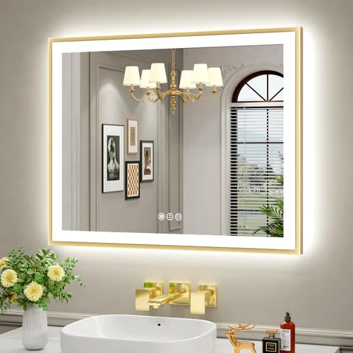 Miniatura 36 de Espejo de baño LED de 60x36 pulgadas con marco negro, espejos de baño retroiluminados y con luz frontal para pared, antiempañamiento, regulable