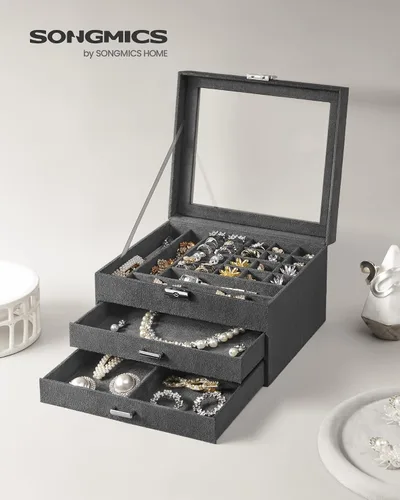 Miniatura 2 de SONGMICS Joyero, organizador de almacenamiento de joyas con cerradura, caja de joyería con ventana de cristal, para anillos, aretes, tachuelas