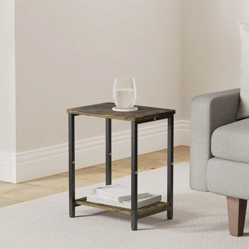 Miniatura 2 de Mesa auxiliar de 2 niveles, mesa auxiliar resistente con estantes, mesa de noche estrecha para espacios pequeños, mesa de tocadiscos para Negro