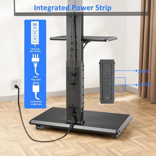Miniatura 7 de Soporte de TV móvil con ruedas y toma de corriente, carrito de TV para televisores de 32 a 75 pulgadas hasta 110 libras, 18 alturas ajustables, Max