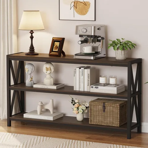 Miniatura 12 de FATORRI Mesa consola para entrada, mesa de sofá larga con estantes debajo de la ventana, mesas de pasillo de madera y metal para vestíbulo