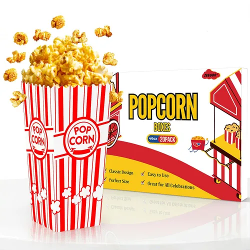 ZEEGOO Paquete de 20 cajas de palomitas de maíz, cubo de palomitas resistente y duradero, contenedores de palomitas de gran capacidad de 7.75