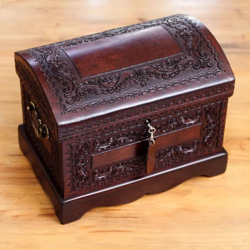 Miniatura 3 de NOVICA Joyero colonial de madera y cuero, marrón 'Colonial Treasure