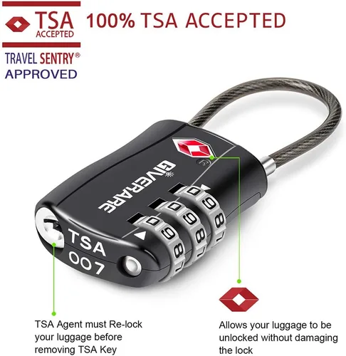 Miniatura 2 de GIVERARE Cerraduras de equipaje aprobadas por la TSA, cerradura de cable de viaje combinada, candados de 3 dígitos reconfigurables con cuerpo de 1