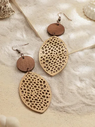 Miniatura 2 de MINACHI Bohemian Hollow Cut-Out Wood Leather Dangle Drop Earrings, Boho Chic Hippie Statement Jewelry Gift for Women