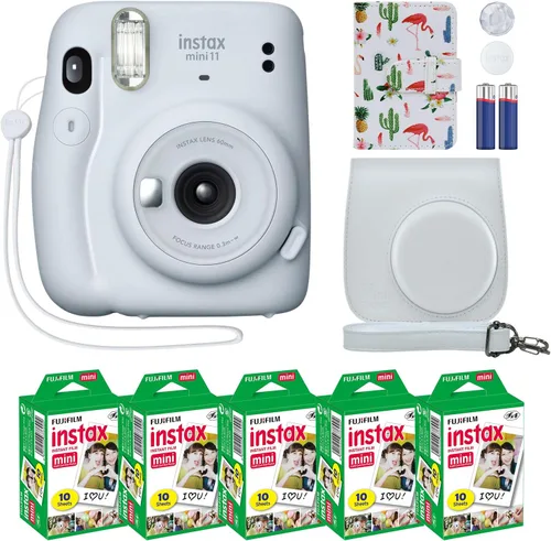 Cámara instantánea Fujifilm Instax Mini 11 en color blanco hielo + paquete de accesorios MiniMate & estuche personalizado compatible + paquete de