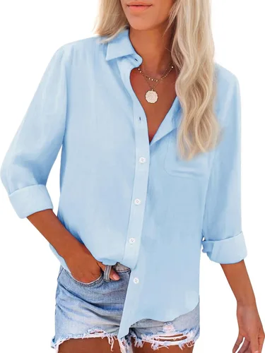 Miniatura 7 de Camisas de algodón con botones, para mujer, camisas de vestir Oxford, camisas de trabajo de manga larga, blusas con cuello y bolsillo