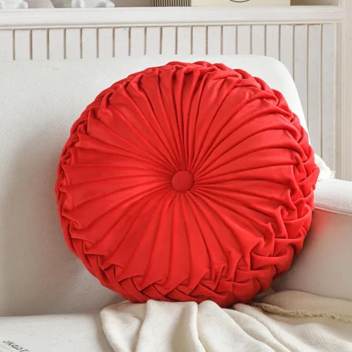 Miniatura 7 de Teieas Almohada Decorativa Redonda de Terciopelo para Decoración del Hogar Cojín Redondo Plisado para Sofá Silla Cama Coche Rojo