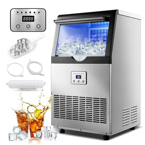 Amzgachfktch Commercial Ice Maker 100 Lbs/24H, Auto Self-Cleaning Ice Maker, LED Display, Blue Light, Under Counter/Freestanding Ice Machine for