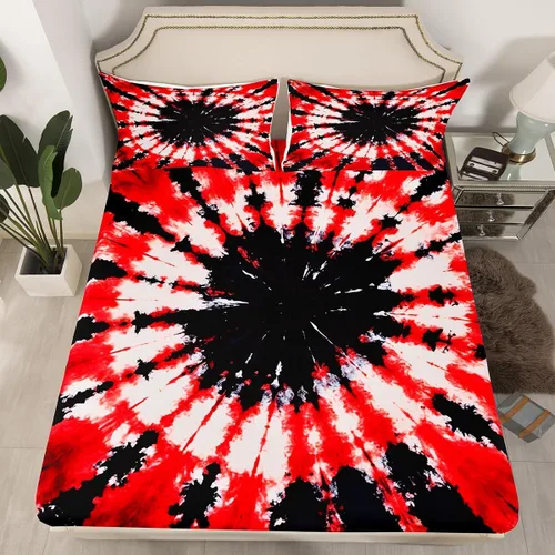 Miniatura 3 de Feelyou Juego de sábanas de teñido anudado tamaño Queen para niños y niñas, juego de sábanas bohemias trippy negro rojo hippie teñido anudado juego