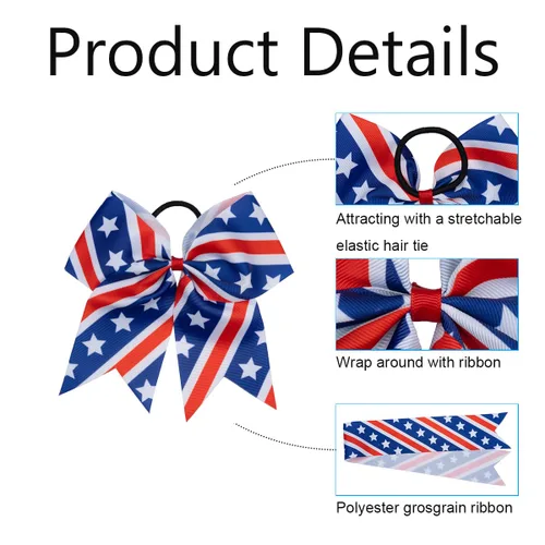 Miniatura 5 de 18 PCS 8" Large American Flag Cheer Hair Bows Ponytail Holder Elastic Band Handmade for Cheerleaders Teen Girls College Sports