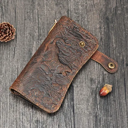 Miniatura 4 de LUUFAN Cartera larga de cuero genuino para hombre billetera plegable grabada