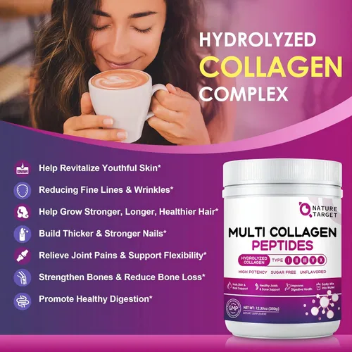 Miniatura 3 de NATURE TARGET Polvo de Péptidos de Colágeno Múltiple - Tipo I, II, III, V, X - Péptidos de Colágeno Hidrolizados con Vitamina C y Ácido Hialurónico