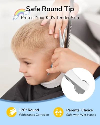 Miniatura 2 de ULG Tijeras de corte de pelo para niños, tijeras de seguridad de punta redonda de 6.5 pulgadas para cortar y recortar el cabello, asas ergonómicas