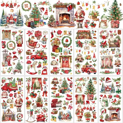 Miniatura 13 de Lincia 10 hojas de calcomanías para transferencia de manualidades y muebles, calcomanías de muñeco de nieve, gnomo de reno, vintage
