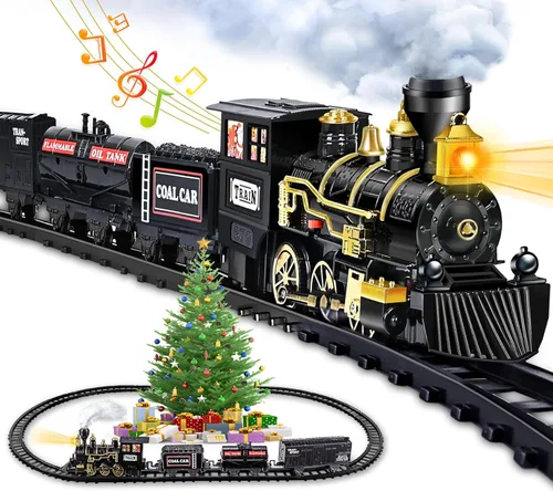 Juego de tren para niños, juguete de tren con vapor, luz y sonidos, conjuntos de tren de Navidad para debajo del árbol, para niños y niñas de 3 4 5