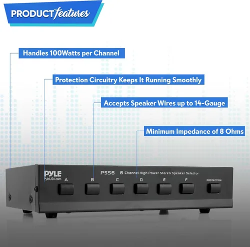 Miniatura 6 de Pyle Home Premium Nuevo y Mejorado Selector de Interruptores de Altavoces de 6 Zonas y 6 Canales, Caja de Distribución Hub para Amplificador Estéreo