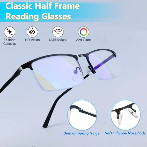 Miniatura 3 de Paquete de 3 lentes de lectura con bloqueo de luz azul para hombres, elegantes lectores de computadora de metal de medio marco, anteojos ligeros