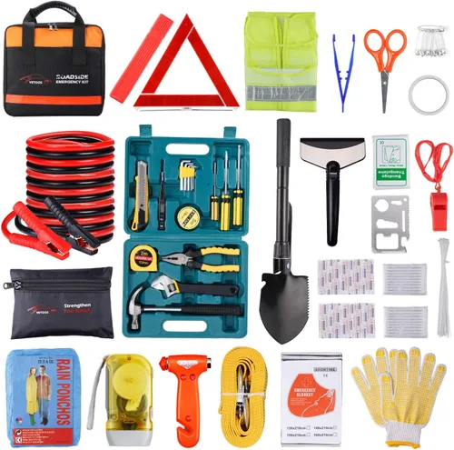 Kit de emergencia para automóvil en carretera Vetoos con cables de puente, kits de asistencia de seguridad para vehículos en carretera, kit de
