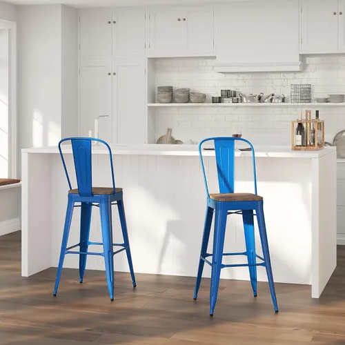 Miniatura 14 de Merrick Lane Amsterdam Taburete de bar – Silla de bar de metal negro antiguo con asiento de madera – Taburete de cocina con respaldo curvado