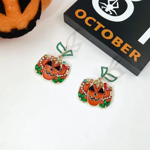 Miniatura 5 de Aretes de calabaza de Halloween para mujer, aretes colgantes de calabaza de cristal rojo, gato negro, calabaza roja, aretes de calabaza de Acción