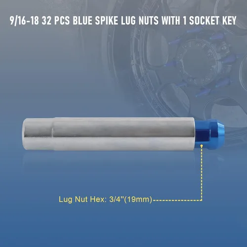 Miniatura 5 de Tuercas de pico con paso de rosca 9/16-18, 32 piezas, azules, asiento cónico con 1 llave de tuerca, reemplazo para Dodge Ram 1500 2500 3500