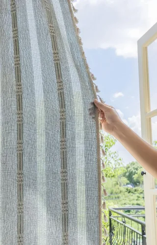Miniatura 4 de 2 paneles de cortinas de lino semiopacas para ventana, bohemias y rústicas, con rayas bordadas y bolsillo para cortinero, para sala de estar