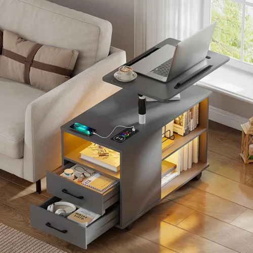 Miniatura 10 de WOOVIVS - Mesita de noche con estación de carga, mesa auxiliar con luces LED, mesa auxiliar inteligente con mesa giratoria ajustable/cajón