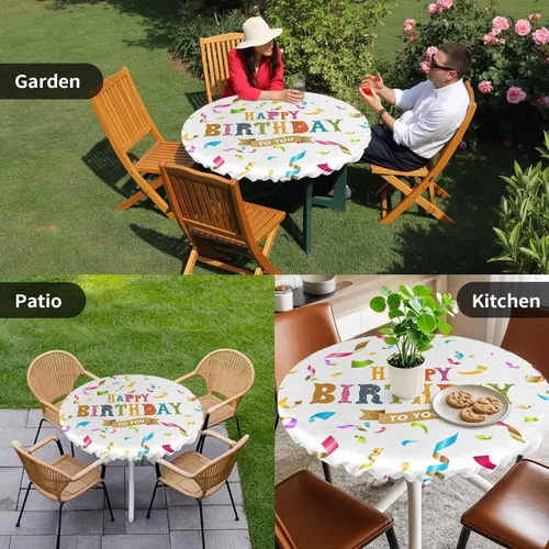 Miniatura 9 de Mantel redondo ajustable de feliz cumpleaños, con diseño de rayas de colores, diseño de lunares, elástico, impermeable, para interiores