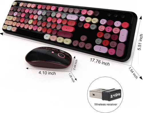 Miniatura 7 de Teclado y Ratón Inalámbricos Lindo Teclado y Ratón Coloridos con Teclado de Máquina de Escribir Retro Inalámbrico de 2.4GHz Suspensión
