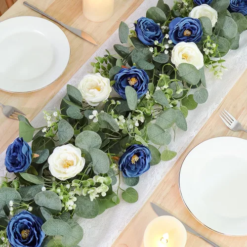 Miniatura 57 de TOCHGREEN Paquete de 2 Guirnaldas de Flores de Eucalipto Artificial de 12 Pies con Rosas Champán, Guirnalda de Flores de Rosa Falsa Verdor