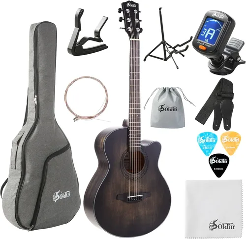 Miniatura 8 de Kit de guitarra acústica de 40 pulgadas con tapa de abeto sólido de alta calidad, con bolsa de concierto, soporte de guitarra, afinador, correa
