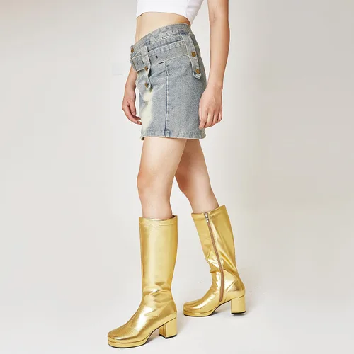 Miniatura 6 de CYNLLIO Botas de media pantorrilla para mujer, botas de plataforma de tacón alto grueso, botas de moda de piel sintética de color sólido, botas