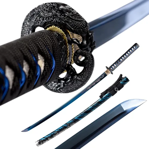 OYZ Espada katana azul japonesa auténtica, espada completa, práctica, funcional, acero de alto carbono 1060, Hademade templada por calor, forjada a