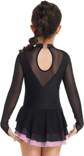 Miniatura 19 de Loyan Vestido de patinaje artístico brillante para niñas y niñas, de malla, de manga larga, patinaje sobre ruedas, competición de baile
