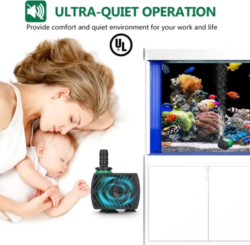 Miniatura 6 de CWKJ Paquete de 2 bombas de agua sumergibles de 80 GPH (4 W 300 L/H) con tubo de 4.9 pies (1/3 pulgadas de ID), 3 boquillas para acuario, estanque