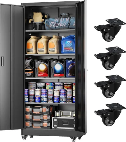 Miniatura 15 de Greenvelly Armario de almacenamiento de metal con cerradura, gabinete de almacenamiento cerrado negro de 72 pulgadas con 2 puertas y 4 estantes
