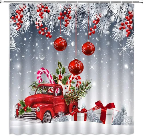 Miniatura 5 de Cortina de ducha de Feliz Navidad, bola de Navidad roja, camión retro, hojas de pino blanco, bayas, caja de regalo de Navidad, vacaciones, feliz año