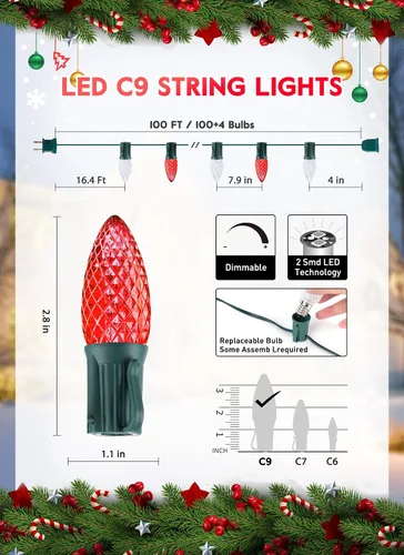 Miniatura 2 de Brightown - Cadena de luces de Navidad C9 al aire libre, luces LED de hadas facetadas de fresa, extensibles, con certificación UL, para fiesta, C9