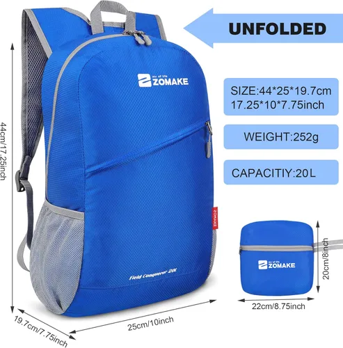 Miniatura 2 de ZOMAKE Mochila ligera y plegable, mochila pequeña para senderismo, resistente al agua, bolsa de día para viajes (azul oscuro)