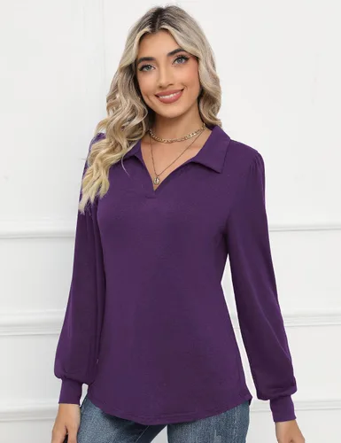 Miniatura 5 de LOMON Camisas tipo polo de manga larga con cuello en V y manga abombada para mujer