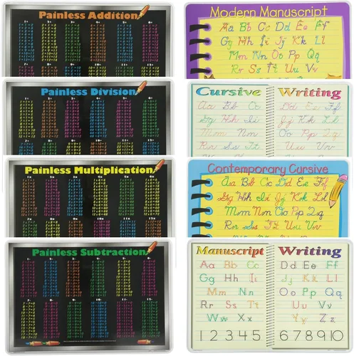Painless Learning Manteles individuales educativos para niños, suma, división, multiplicación, resta, manuscrito moderno, escritura crusiva, cursiva