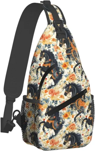 Small Crossbody Bags for Women Men - Vintage Flower Black Horse Print Adjustable Shoulder Bag Fanny Packs Belt Sling Bag Crossbody Purses Backpack