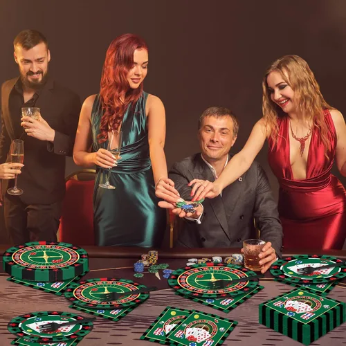 Miniatura 7 de Juego vajilla 96 piezas para fiesta con temática de casino, decoraciones fiesta cumpleaños Las Vegas, platos de papel de postre, servilletas