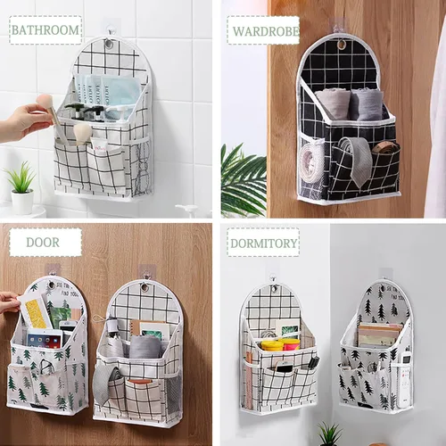 Miniatura 3 de FuninCrea Bolsa de almacenamiento para colgar en la pared, organizador de lino a cuadros blanco y negro, para montar en la pared, sin perforaciones