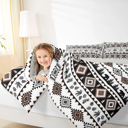 Miniatura 5 de Castle Fairy Juego de edredón con estampado azteca occidental, juego de ropa de cama geométrica a rayas marrones para niños y adolescentes