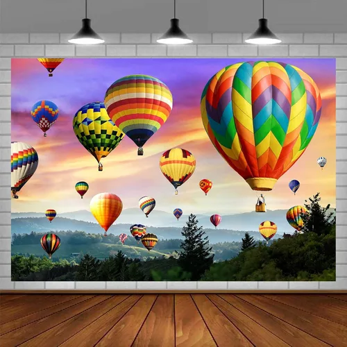 Telón de fondo de globo aerostático, vinilo de 10 x 7 pies, colorido cielo arco iris, montañas románticas, fondo de fotografía, decoración de fiesta
