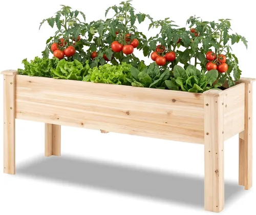HAPPYGRILL Cama de jardín elevada, maceta de madera con patas, 5 agujeros de drenaje, cama de jardín elevada para verduras y flores, contenedor de